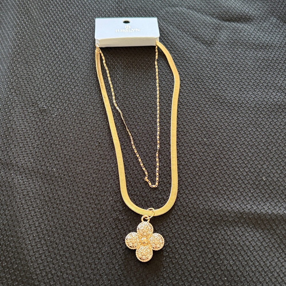 Fashion Rhinestone Puffy Clover Charm on Gold Toned Necklace